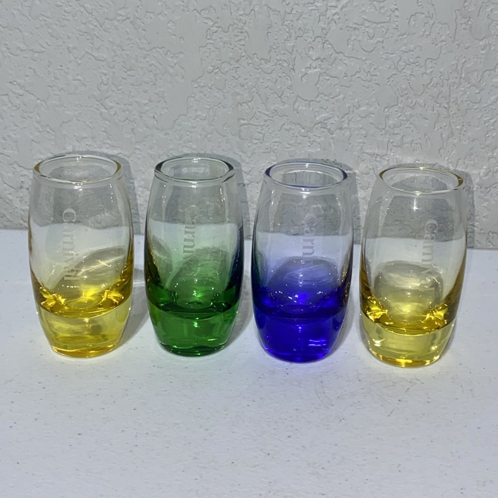 Set Of 4 Carnival Cruise Line Shot Glasses Heavy Weighted Yellow Blue Green 3.5"